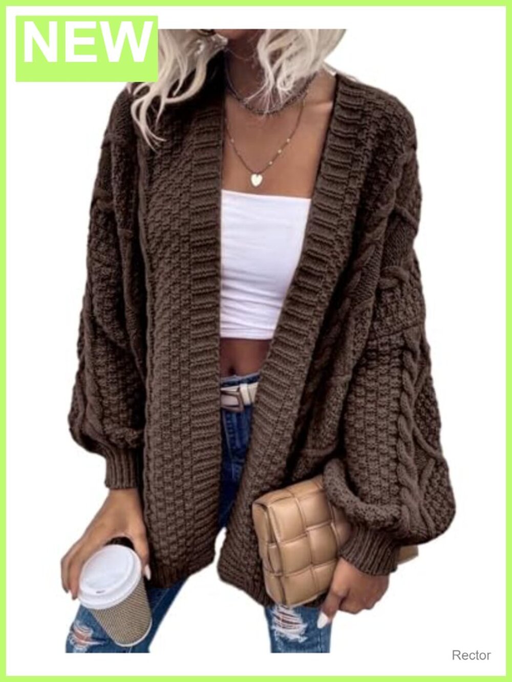 Oversized Chunky Cable Knit Open Front Cardigan Lantern Sleeve